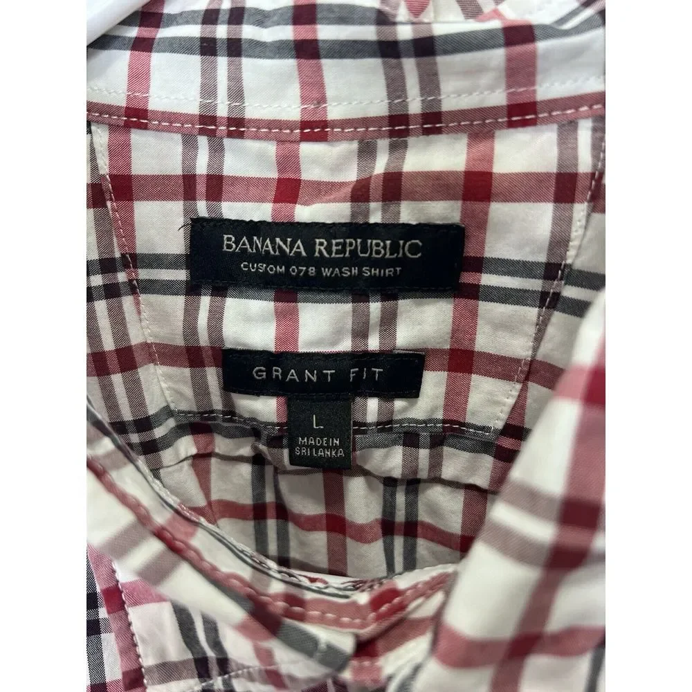 Banana Republic Button Shirt Mens Large Grant Fit‎ Red Black Plaid Long Sleeve